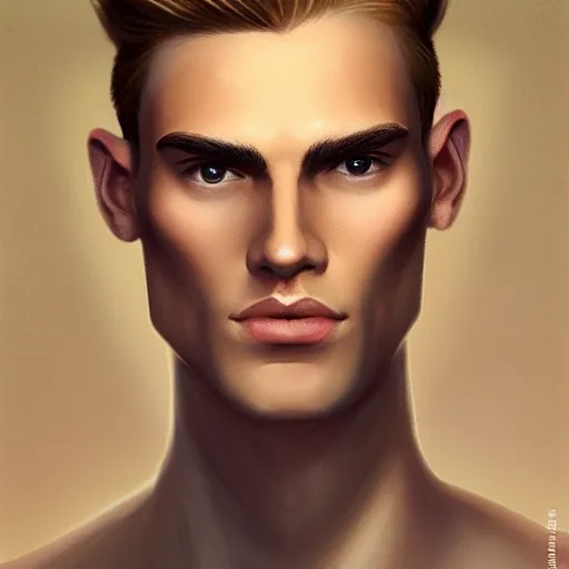 Image similar to tall man in his twenties with brown blond short quiff hair and thin slightly round facial structure with cleft chin, straight eyebrows and prominent nose, good definition of cheekbones, big hazel nut brown eyes, narrow face, slim body, atmospheric lighting, painted, intricate, 4 k, highly detailed by charlie bowater