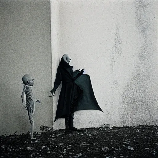 Image similar to portrait of nosferatu playing with his kid, realistic detailed photography, kodak 5 2 1 9 film, 5 0 mm lens