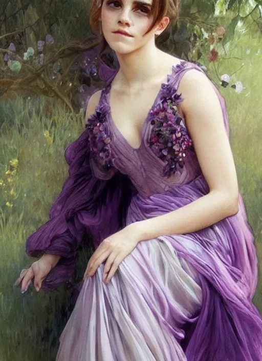 Image similar to emma watson wearing revealing pink and purple chiffon dress with flounces. beautiful detailed face. by artgerm and greg rutkowski and alphonse mucha