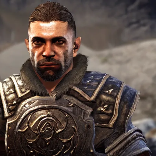 Prompt: character screenshot of ufc commentator john anik dc in skyrim, mage armor, npc talking, wilderness, 1 0 8 0 p, bokeh, elder scrolls v, detailed, dialog text