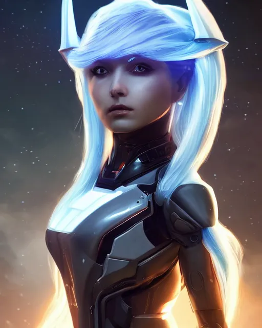 Image similar to perfect android girl on a mothership, warframe armor, beautiful face, scifi, futuristic, galaxy, nebula, raytracing, dreamy, long white hair, blue cyborg eyes, sharp focus, cinematic lighting, highly detailed, artstation, divine, by gauthier leblanc, kazuya takahashi, huifeng huang