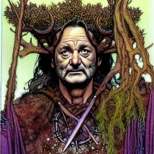 Prompt: a realistic and atmospheric high fantasy closeup portrait of bill murray as a mystical druidic warrior wizard doing an arcane pagan ritual by rebecca guay, michael kaluta, charles vess and jean moebius giraud