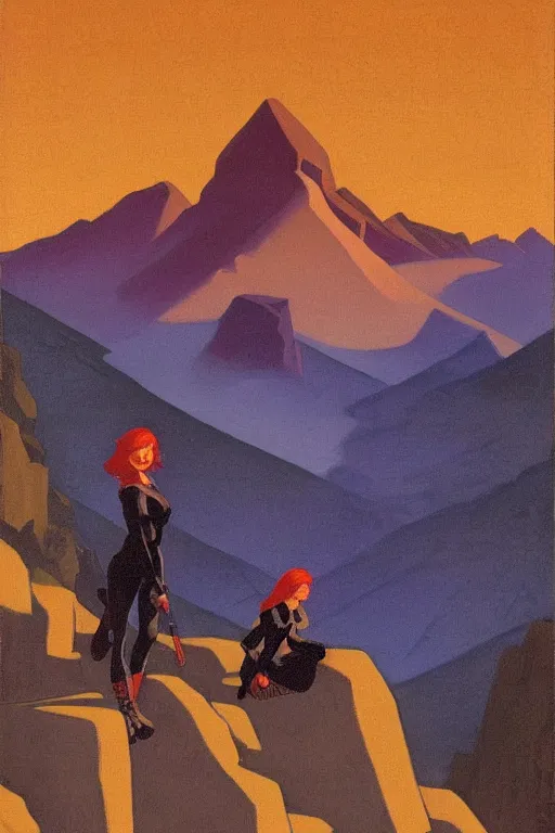 Image similar to black widow ( natasha romanova ) on mountains, marvel, artwork by nicholas roerich,