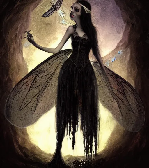 Image similar to gothic fairy with dragonfly wings, digital painting, liminal eerie midnight backlit, a picture taken by Michael Komarck