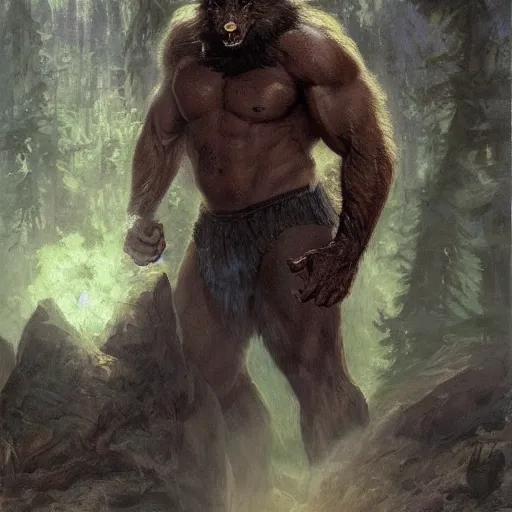 Prompt: handsome portrait of a werewolf bodybuilder posing, radiant light, caustics, war hero, surrounded by forest, by gaston bussiere, bayard wu, greg rutkowski, giger, maxim verehin