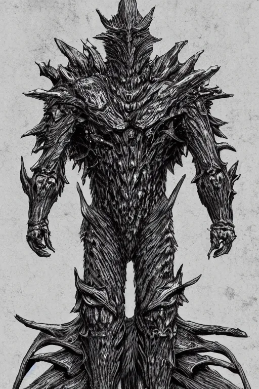 Image similar to armoured tree humanoid monster, symmetrical, highly detailed, digital art, tree armour, sharp focus, trending on art station, kentaro miura manga art style