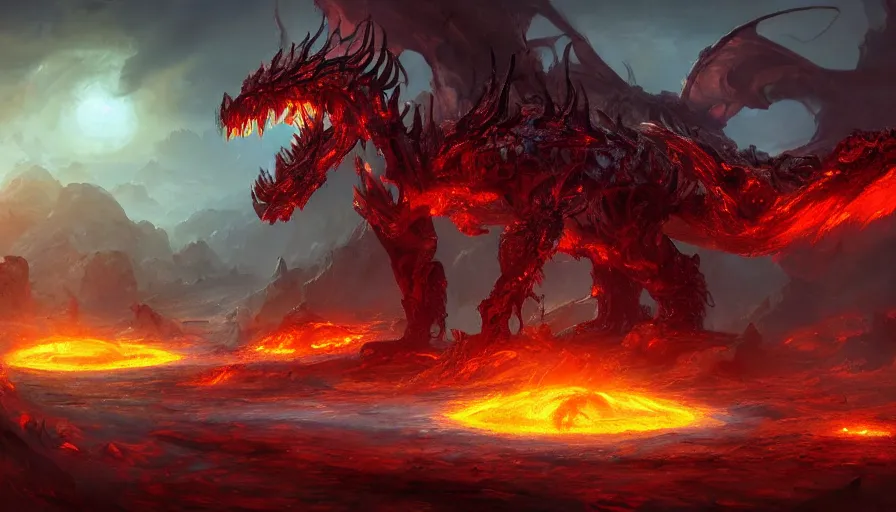 Prompt: a beautiful digital fantasy concept art of a giant electric cyborg dragon sitting on a molten rock, concept art by tyler edlin, james gurney, highly detailed, oil on canvas