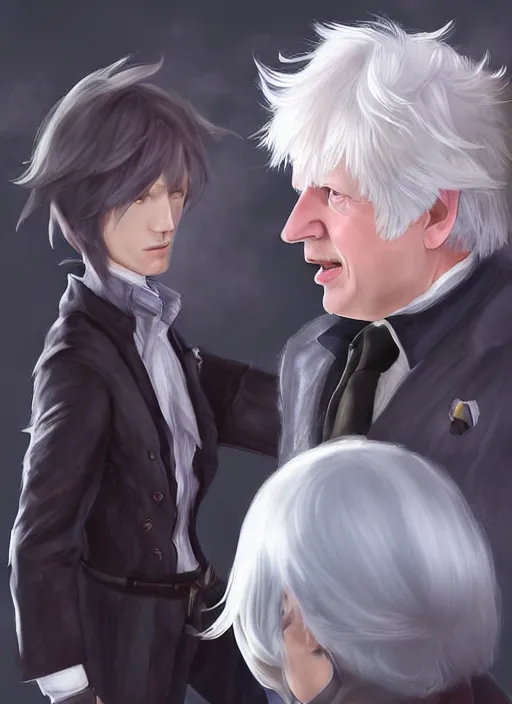 Prompt: Alphinaud Leveilleur meeting Boris Johnson in FF14, digital art