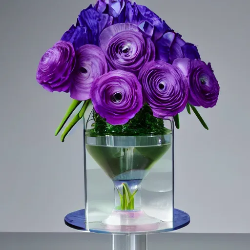 Image similar to blue and purple genetically modified blend of rose lily carnation orchid ranunculus!!! anenome, floral arrangement in futuristic!! vase made of mother of pearl, architectural digest, year 2 3 0 0