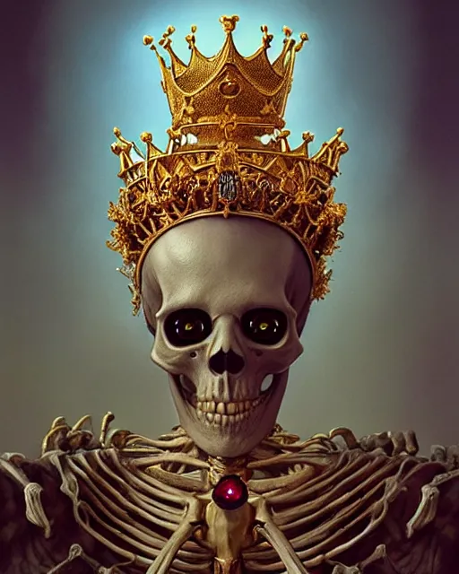 Image similar to highly detailed surreal vfx portrait of a sacred skeleton king with golden crown with rubies, stephen bliss, unreal engine, greg rutkowski, loish, rhads, beeple, makoto shinkai and lois van baarle, ilya kuvshinov, rossdraws, tom bagshaw, alphonse mucha, global illumination, detailed and intricate environment