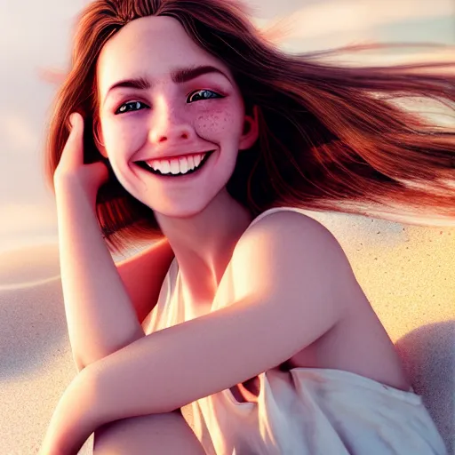 Image similar to beautiful serene intricate portrait of a cute thin young woman, red blush, cute freckles, smug smile, modern clothes, relaxing on the beach, golden hour, close up shot, soft focus, 8 k, art by irakli nadar, hyperrealism, hyperdetailed, ultra realistic