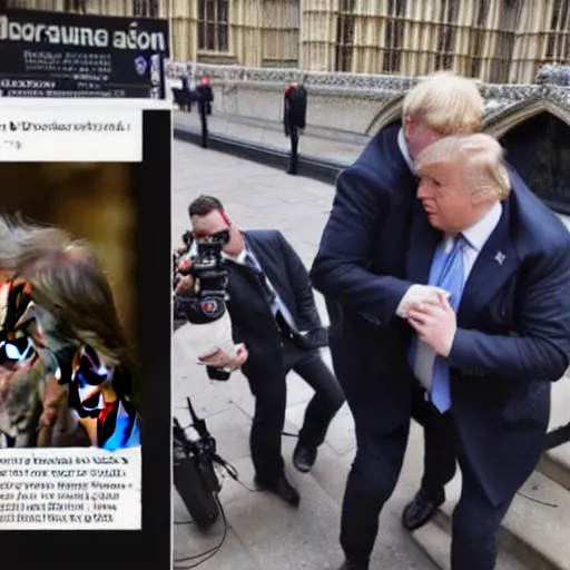 Image similar to a paparazzi photo of boris johnson kissing donald trump along the houses of parliament, london, the sun newspaper, detailed, canon eos, f / 1. 2, 2 0 0 mm lens, photograph