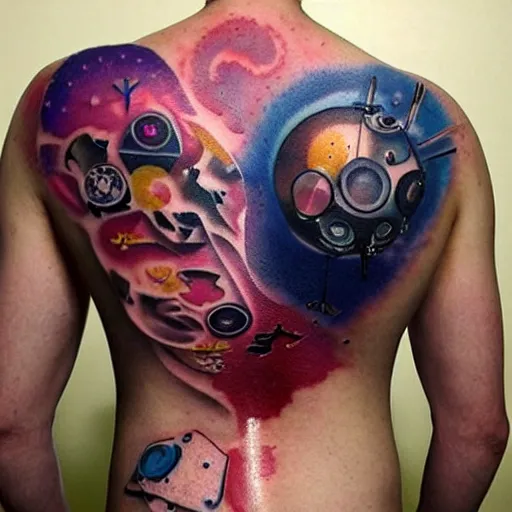 Image similar to backside on the shoulders is a tattoo of a 3 d hole in the skin with multicolored 3 d robotic mechanics and glowing computerparts inside under the skin, insanely integrate,