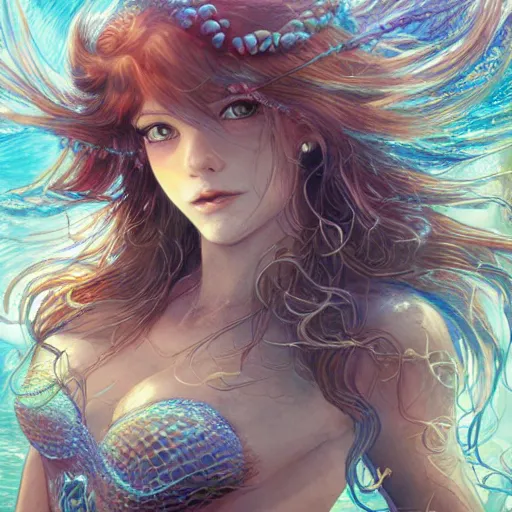 Image similar to character portrait of the mermaid Princess of Atlantis, color page, 4K, tone mapping, Akihiko Yoshida, James_Jean_Andrei_Riabovitchev_Marc_Simonetti, Yoshitaka Amano, digital illustration, curls