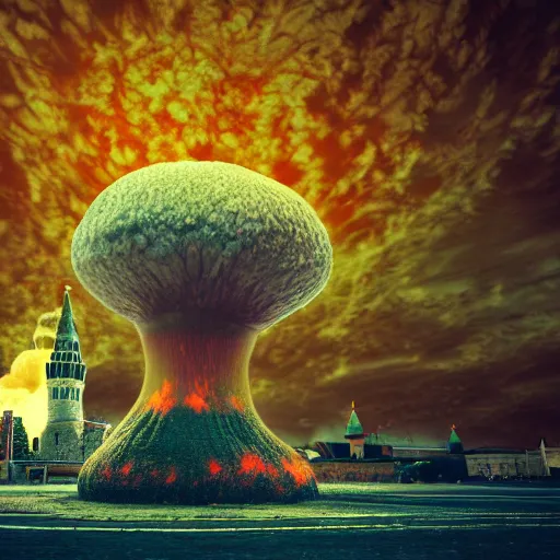 Prompt: a big nuclear explosion with realistic nuclear mushroom in Red Square Kremlin, dramatic lighting, cinematic, extremely high detail, photo realistic