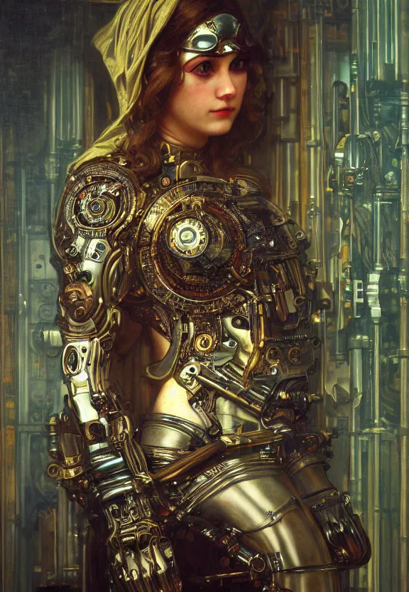 Prompt: portrait of a mechanical girl, ornamental, photorealistic, photorealism, cinematic atmosphere, elaborate, highly detailed, ornate, futuristic, dramatic lighting, 4 k, by waterhouse, mucha,