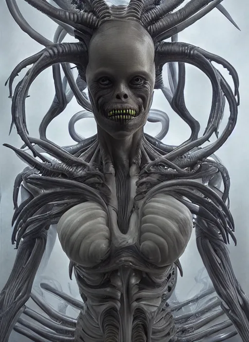 Image similar to an organic anatomical portrait of sigourney weaver blended with a xenomorphic alien queen, twisting organic tendrils, haze, highly detailed, hyper real, futuristic, volumetric interior lighting, artstation, unreal engine render 8 k greg rutkowski, hr giger