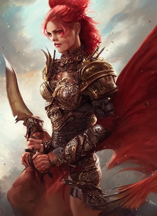 Prompt: a beautiful female warrior, 8 k, hyperrealistic, red hair, dragon slayer, hyperdetailed, fantasy portrait by laura sava