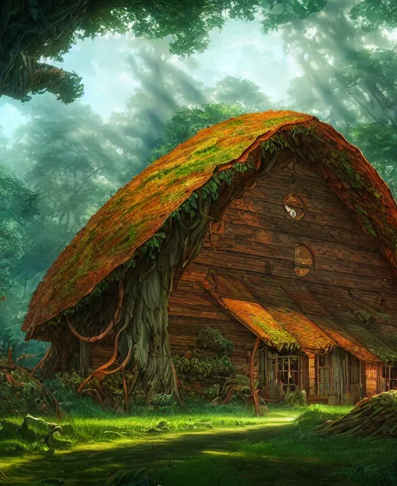 Image similar to a mammoth schoolhouse made from leaves, overgrown with huge exotic fungus, deep in the woods, noon, sun drenched, partly cloudy, by dan mumford, yusuke murata, makoto shinkai, ross tran, cinematic, unreal engine, cel shaded, featured on artstation, pixiv