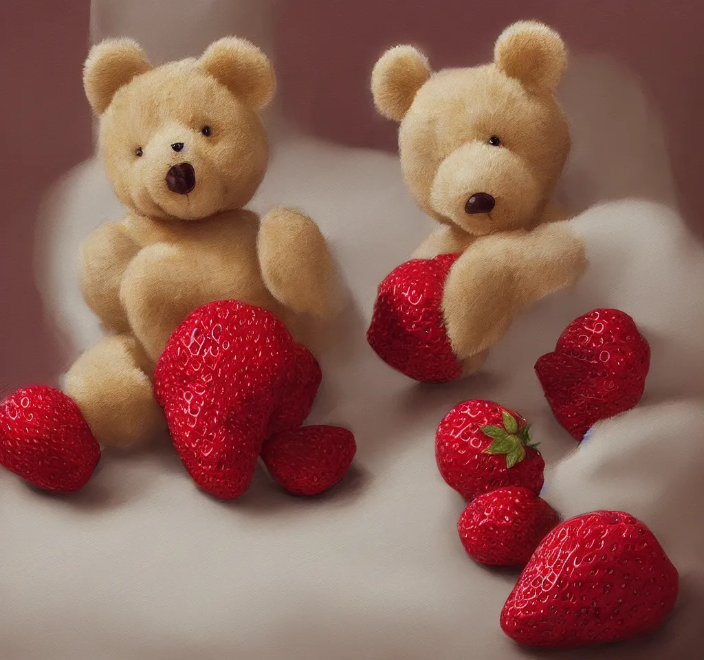 Image similar to digital art hyper realism studio lighting strawberry teddy bear