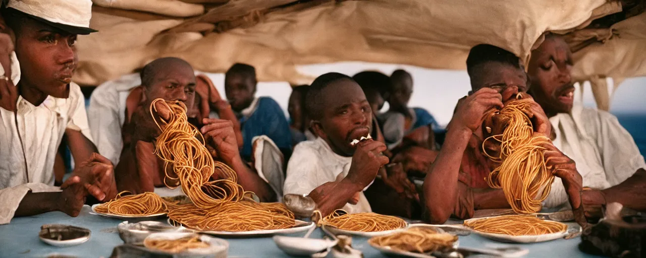 Prompt: vasco da gama sailing around africa, eating spaghetti, small details, intricate, canon 8 0 mm, cinematic lighting, wes anderson film, kodachrome