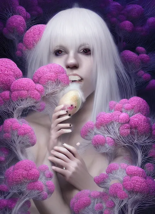 Image similar to hyper detailed 3d render like a Oil painting - kawaii portrait Aurora (white haired Singer Ferret) seen Eating of the Strangling network of yellowcake aerochrome and milky Fruit and Her delicate Hands hold of gossamer polyp blossoms bring iridescent fungal flowers whose spores black the foolish stars by Jacek Yerka, Mariusz Lewandowski, Houdini algorithmic generative render, Abstract brush strokes, Masterpiece, Edward Hopper and James Gilleard, Zdzislaw Beksinski, Mark Ryden, Wolfgang Lettl, hints of Yayoi Kasuma, octane render, 8k