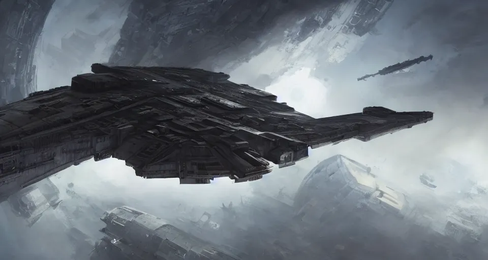 Image similar to a highly detailed epic cinematic concept art CG render digital painting artwork: very simple symmetrical Soviet dieselpunk Millenium Falcon in empty darkness of space. By Greg Rutkowski, Ilya Kuvshinov, WLOP, Stanley Artgerm Lau, Ruan Jia and Fenghua Zhong, trending on ArtStation, subtle muted cinematic colors, made in Maya, Blender and Photoshop, octane render, excellent composition, cinematic atmosphere, dynamic dramatic cinematic lighting, precise correct anatomy, aesthetic, very inspirational, arthouse