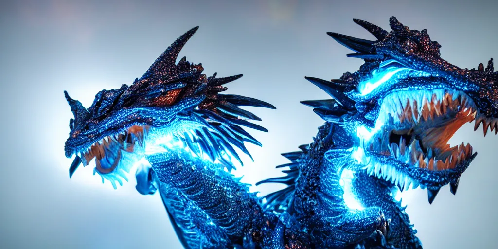 Image similar to a close-up photo of a diamond-scaled dragon breathing bluish fire, award-winning photography, dramatic lights, 8K UHD