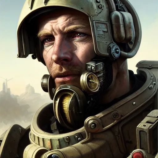 Image similar to portrait painting of a post - apocalyptic blonde older male soldier wearing dieselpunk power armor, ultra realistic, concept art, intricate details, eerie, highly detailed, photorealistic, octane render, 8 k, unreal engine. art by artgerm and greg rutkowski and charlie bowater and magali villeneuve and alphonse mucha