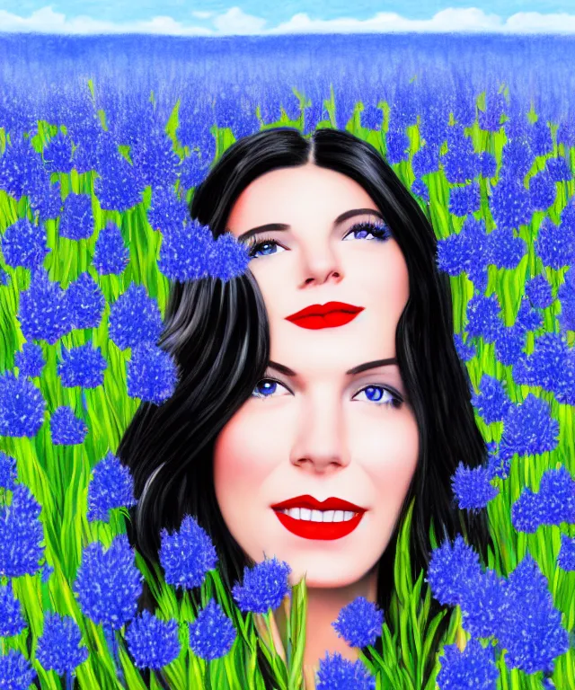 Prompt: happy girl with black hair, red lips, lying in a field of blue flowers, highly detailed, matte painting, academic drawing