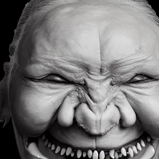 Image similar to a frontal studio headshot photograph of an elder demon resembling a large lily asiatic with teeth.