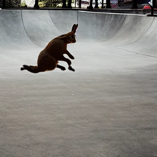 Prompt: a rabbit jumping with a scooter on a skatepark