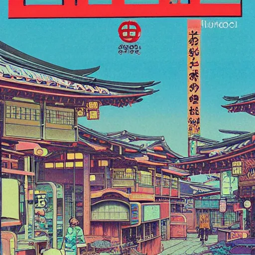 Prompt: 1979 travel magazine cover depicting a futuristic Japanese village at street level. Art in the style of Moebius, cyberpunk, masterpiece