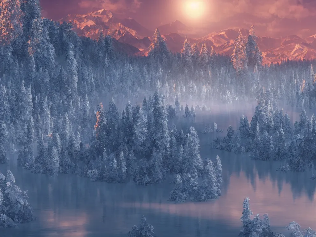 Image similar to epic crystalline taiga with a river, golden hour, distant mountains, atmospheric perspective, cinematic, 3 5 mm lens, photographic, octane render, cinematography by roger deakins, in the style of ansel adams