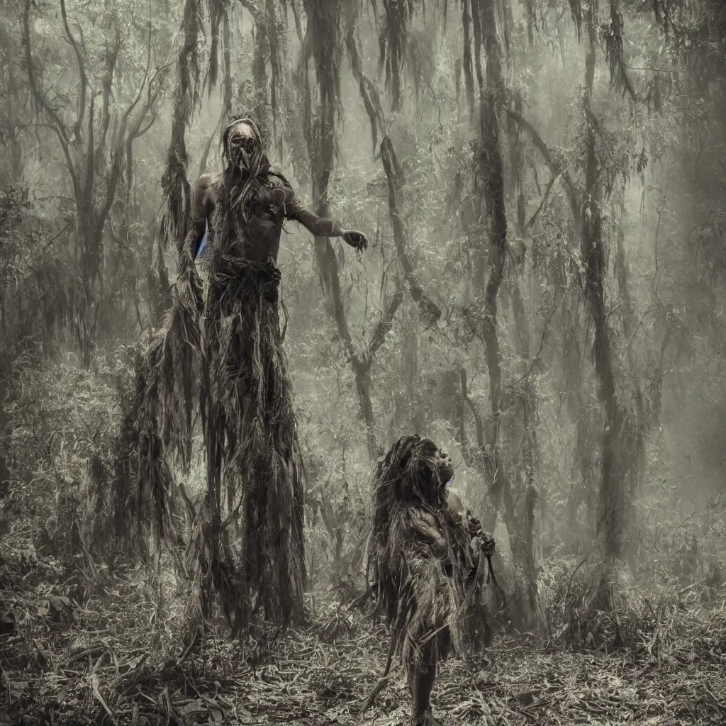 Prompt: color photography, portrait of indigenous spiritual healer shaman in underworld, spirits shadows ritual, biotecture sandstorm dust mountain, mashy swamp jungle temple