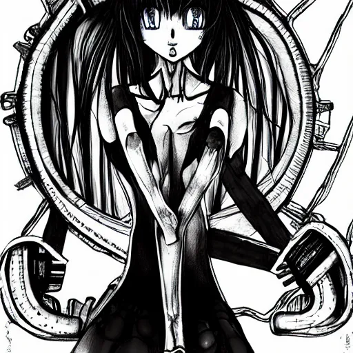 Image similar to beautiful anime girl, punch the chair monster, inspired by h. r. giger in, anime style