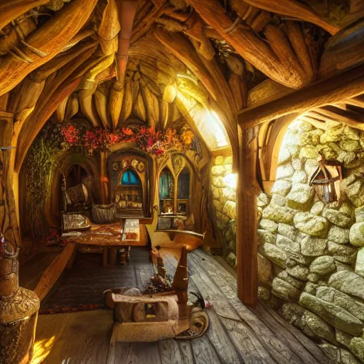 Prompt: a wise old troll inside a medieval hobbit house, ornate, beautiful, atmosphere, vibe, flowers, concept art illustration, color page, 4 k, tone mapping, doll, akihiko yoshida, james jean, andrei riabovitchev, marc simonetti, yoshitaka amano, digital illustration, greg rutowski, volumetric lighting, sunbeams, particles