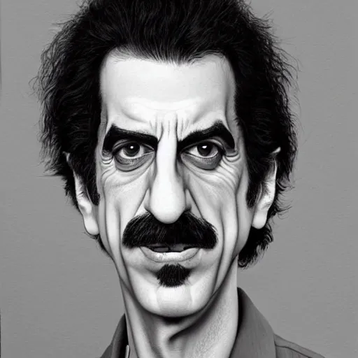 Image similar to Caricature portraits done of Frank Zappa, realistic, hyperrealistic, very realistic, highly detailed, very detailed, extremely detailed, detailed, oil painting, digital art, trending on artstation