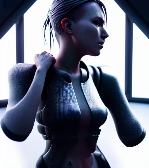 Image similar to complex 3 d render, hyper detailed, ultrasharp, cyberpunk android girl, digital portrait, concept art, illustration, studio lights, hyper realistic, ultra detailed, 0 6 0 8 wear techwear clothing, volumetric lighting, 8 k uhd post - production, artstation hq, unreal engine 5, unity engine