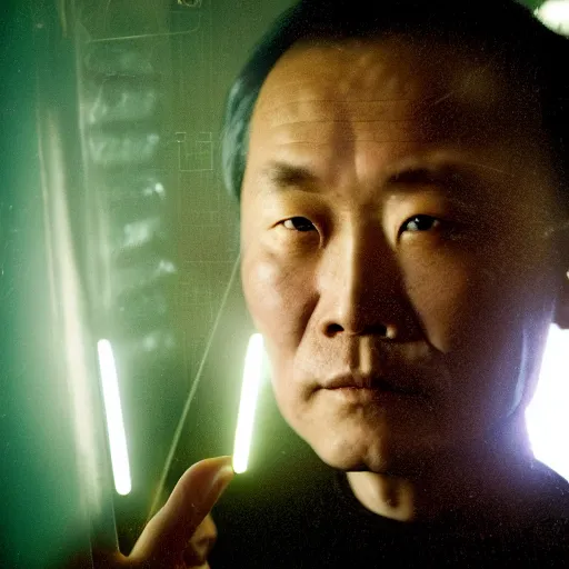 Image similar to a portrait of very very very old justin sun in cyberpunk prison looking through the laser bars of his cell, by annie leibovitz, shallow depth of field, cinematic lighting