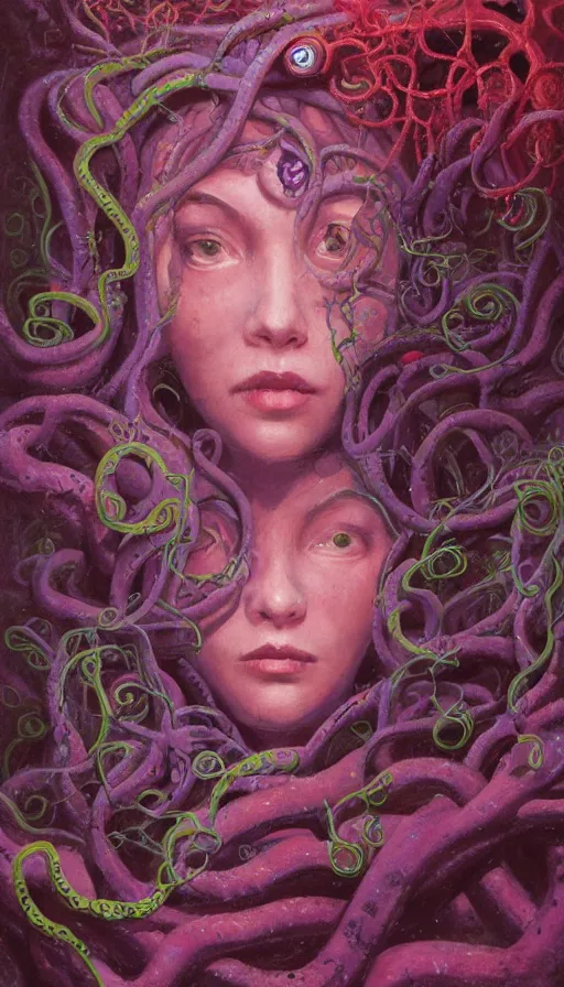 Prompt: very detailed portrait of a 2 0 years old girl surrounded by tentacles, the youg woman visage is blooming from fractal and vines, by paul lehr,