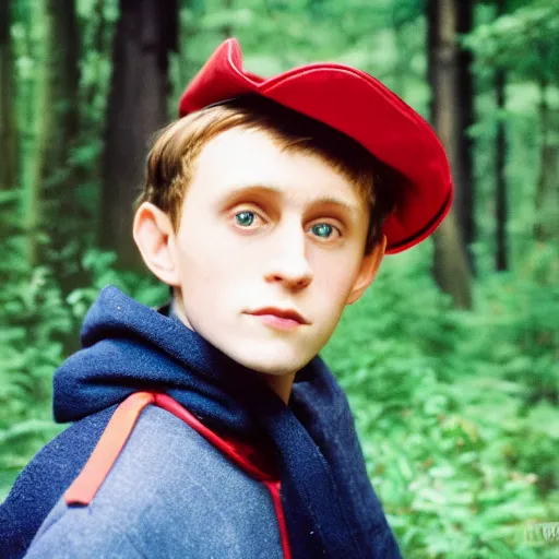 Prompt: super close up portrait of wirt from over the garden wall. a 1 6 years old gloomy awkward boy with big brown eyes and shaggy brown hair wearing a red dunce hat and a blue navy cape, standing in the forest, kodachrome photograph, 1 9 9 5, 4 k, canon, flash photography, norman rockwell, bouguereau