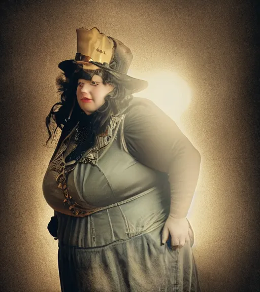 Image similar to portrait of a steampunk fat woman, volumetric lighting, cinematic,4k,35mm,street photo, epic