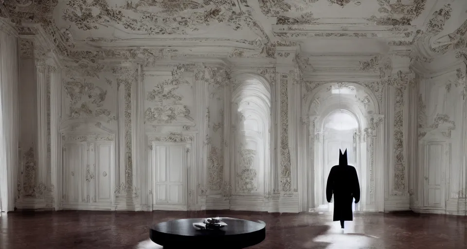 Image similar to Batman standing in giant Italian modern castle living room, clean minimalist design, that is 1300 feet tall, with very tall giant walls filled with modern art paintings, doors that are cosmic portals, photo by Annie Leibovitz