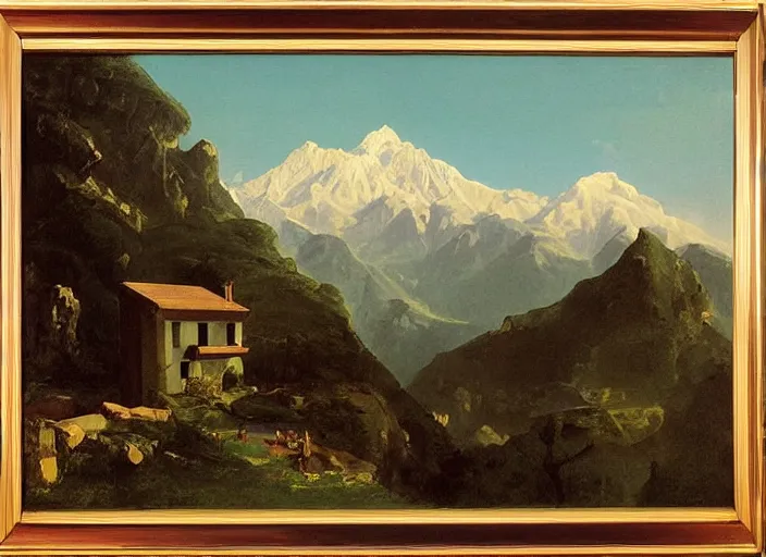 Prompt: painting of a corbusier house in in front of beautiful mountains by thomas cole