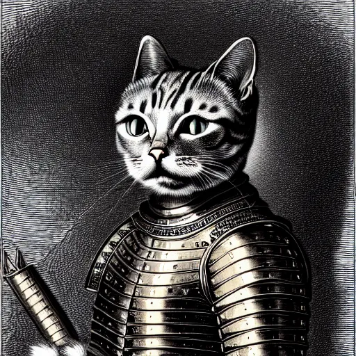 Image similar to engraving portrait of humanoid cat in medieval armoury by gustave dore. trending on deviant art, street art, chillwave, maximalist, full of color, glittering, 8 k, hd