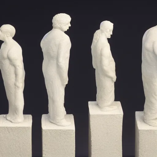 Prompt: a line of detailed white stone male statures lined up, oil paint, volume light - n 9