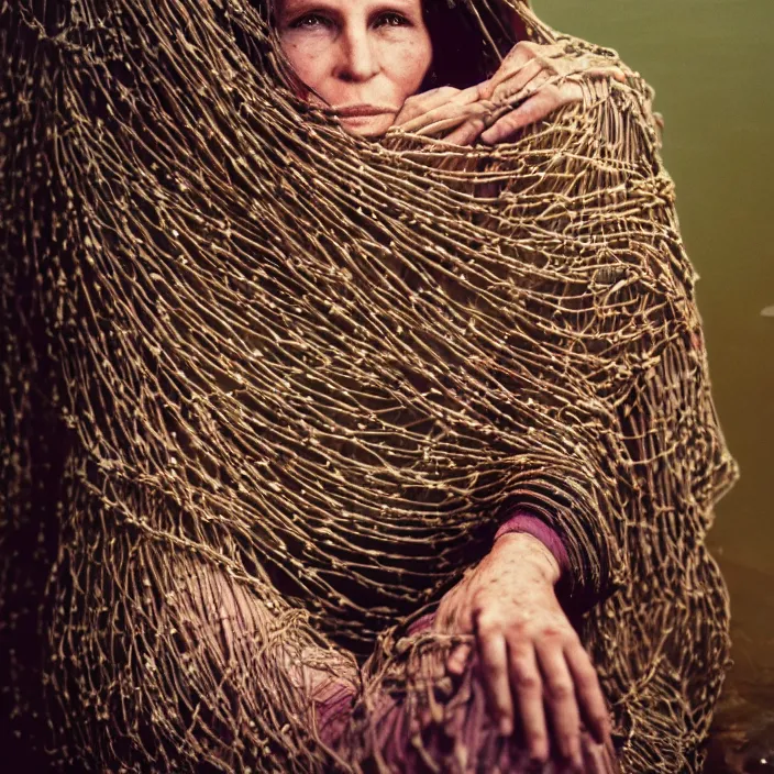 Prompt: closeup portrait of a woman with a cloak made of ribbons and twine, sitting in water, by Annie Leibovitz and Steve McCurry, natural light, detailed face, CANON Eos C300, ƒ1.8, 35mm, 8K, medium-format print