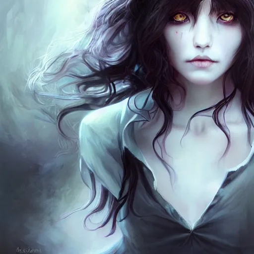 Prompt: Ethereal portrait of a creepy demonic sleep paralysis horror girl with disheveled long dark hair, long bangs, a malicious slight smile revealing fangs, big piercing eyes, dim lighting, medium shot, by artgerm and WLOP
