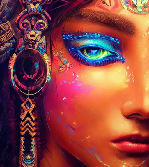 Image similar to beautiful intricate exquisite mayan princess realistic face, beautiful eyes, neon colors, drawing, in the style of greg rutkowski, fantasy, amazing detail, epic, intricate, elegant, smooth, sharp focus